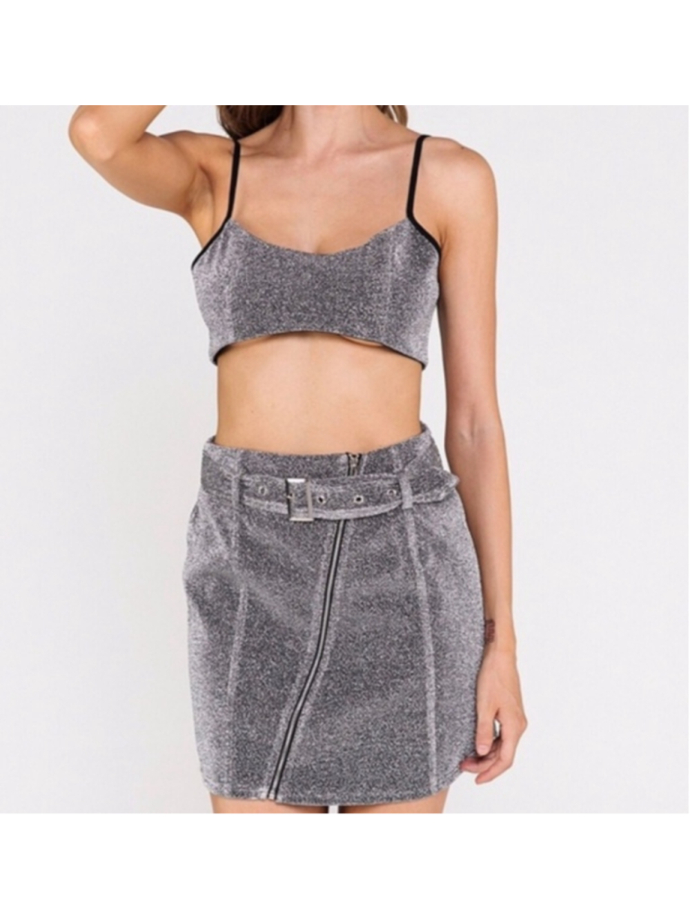 Hello Miss Crop Top and Mini Skirt Silver Black Glitter club wear - Picture 2 of 5